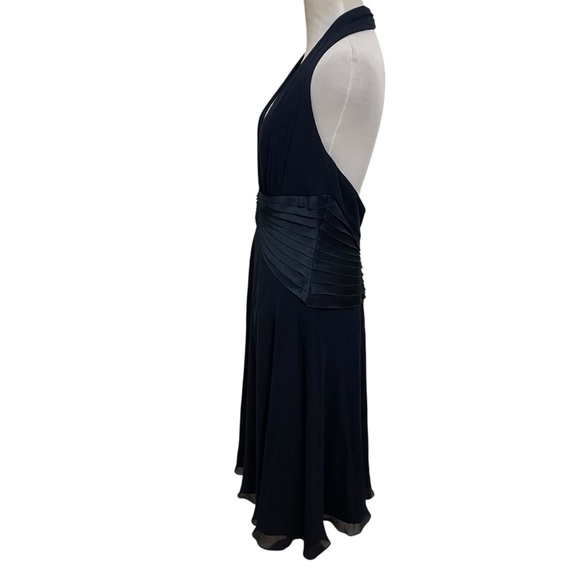 Tadashi Shoji Navy Blue Silk Midi Dress 12P Vintage Satin Halter Evening Wear - Picture 4 of 8